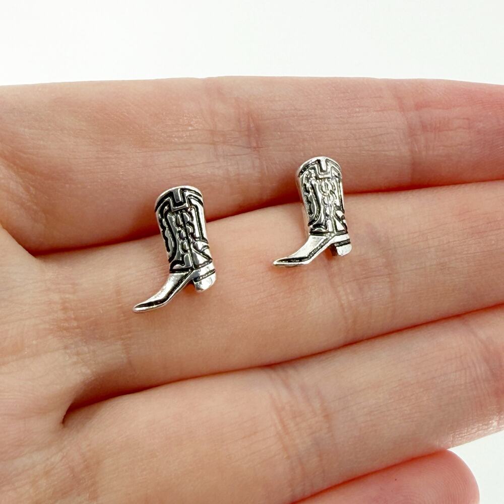 Silver Cowboy Boot Stud Earrings Western Cowgirl Country Jewelry